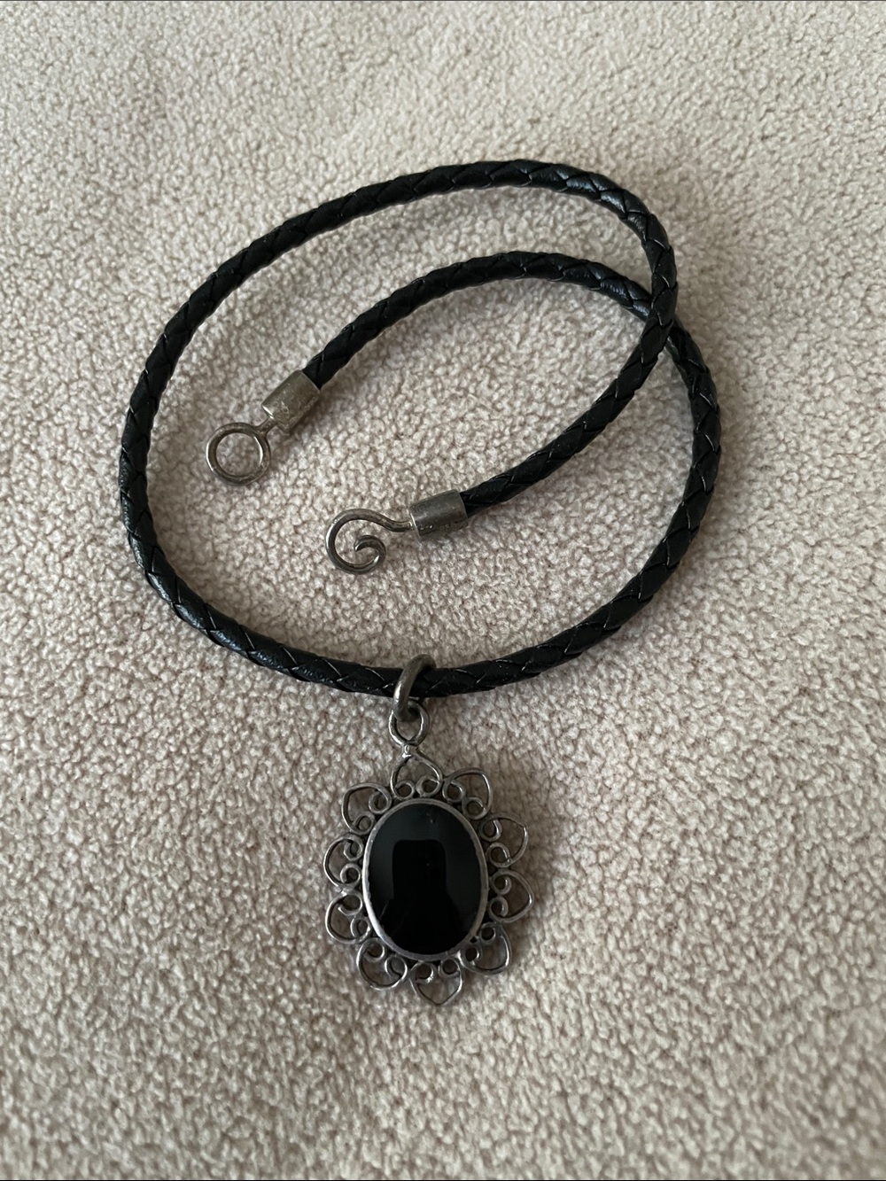 Black Cord Necklace with Oval Black Stone Pendant